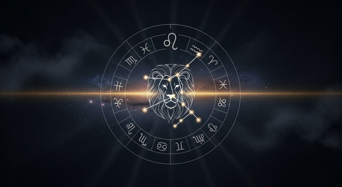 Konstelasi tanda zodiak Leo dengan ilustrasi singa dan simbol astrologi sekitarnya dengan latar belakang berbintang