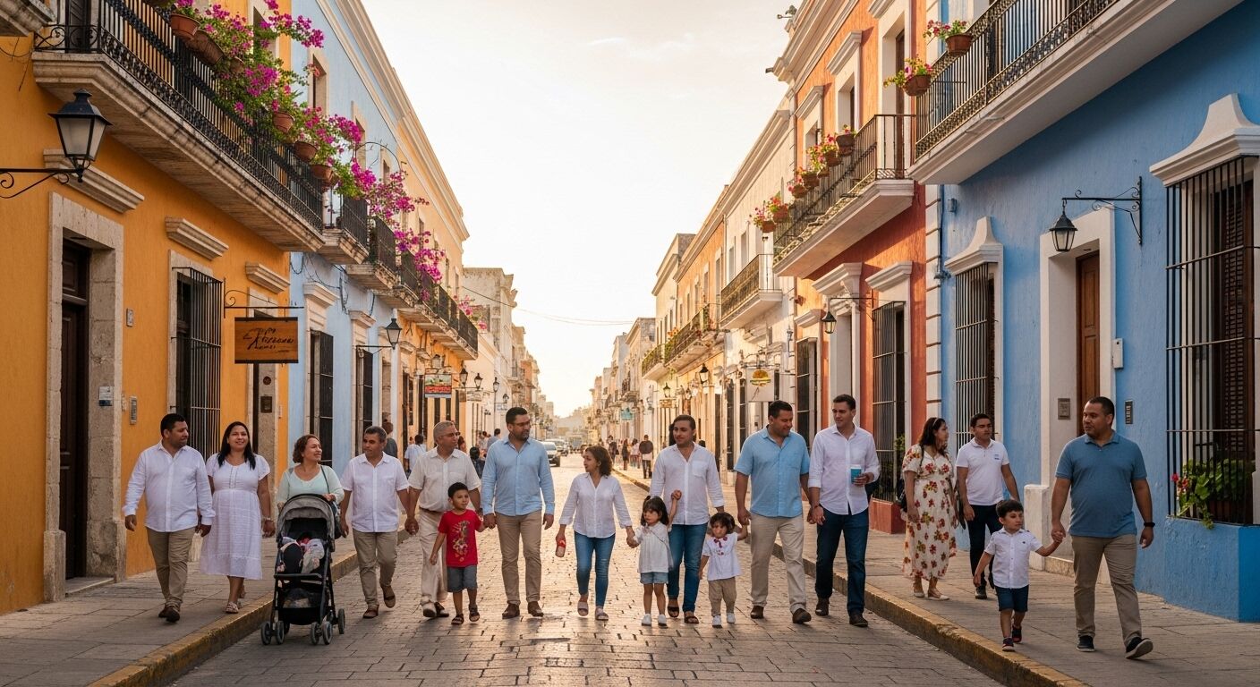Keluarga besar multigenerasi berjalan bergandengan tangan di jalan berbatu berwarna-warni dengan balkon berhias bunga.