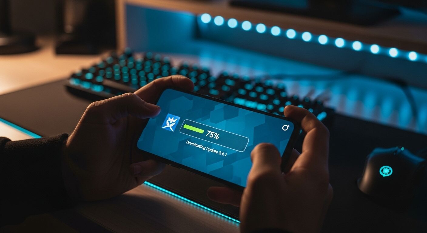 Tangan yang memegang ponsel pintar menunjukkan pengunduhan pembaruan game sebesar 75% dengan keyboard dan mouse game di latar belakang.