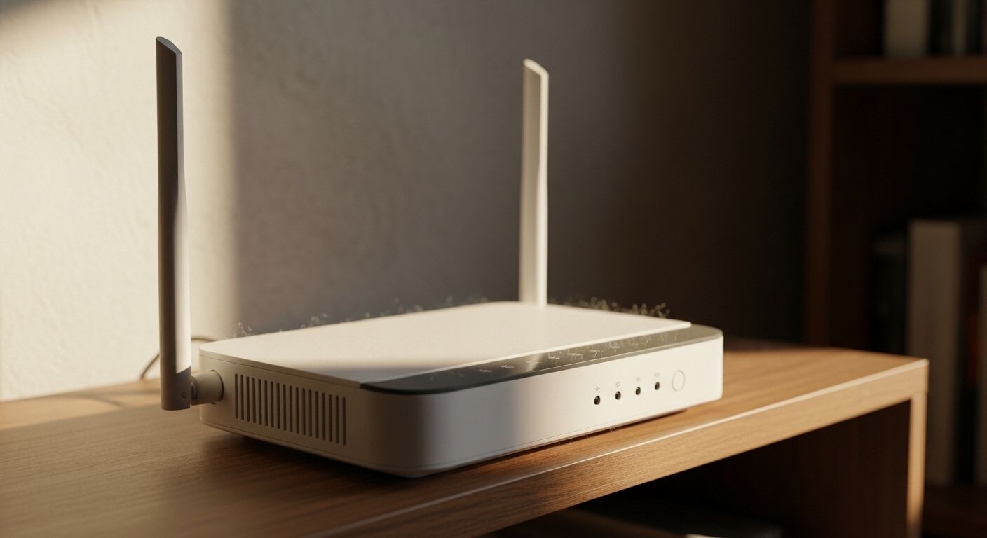 Router nirkabel putih dengan dua antena di rak kayu dalam cahaya alami yang lembut