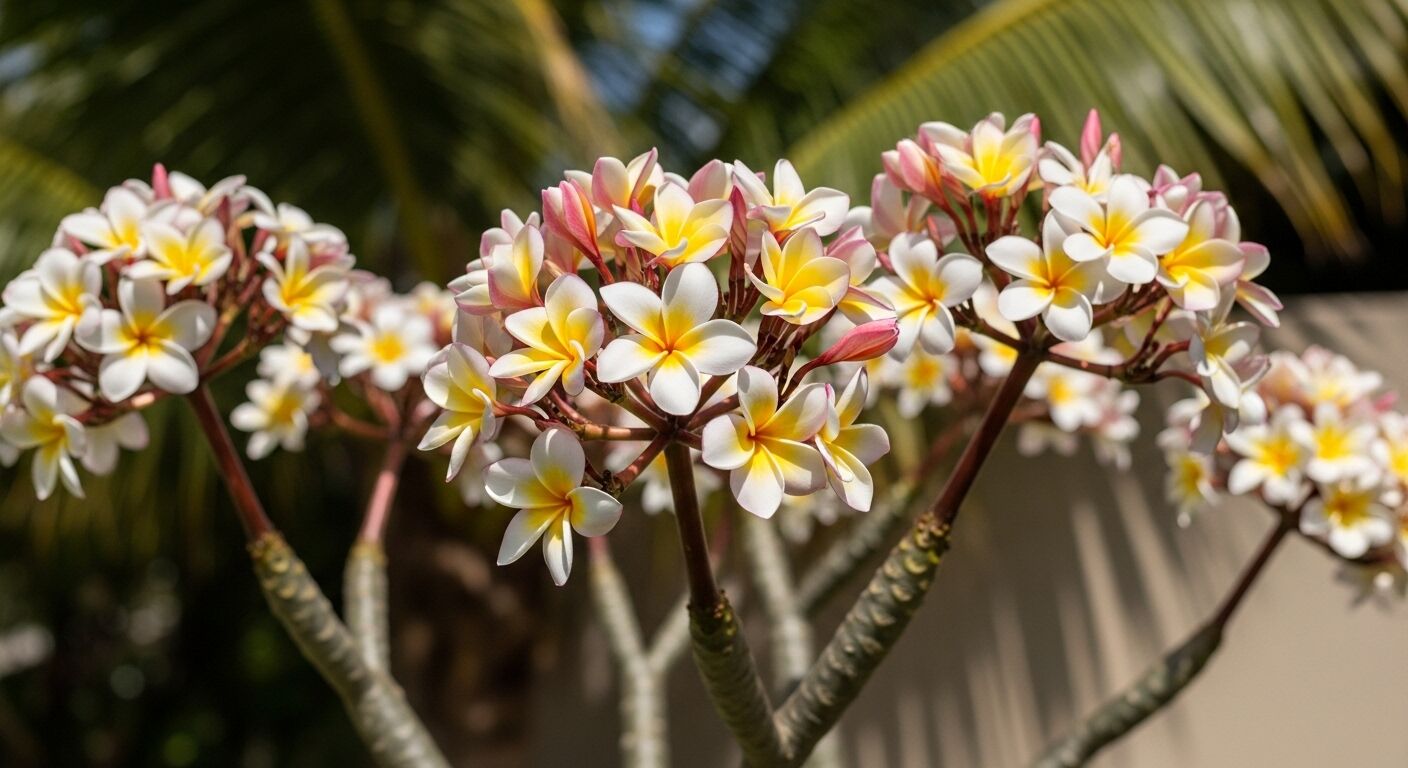 Gugusan bunga plumeria putih dan kuning dengan kuncup merah muda di cabang pohon dengan latar belakang kabur