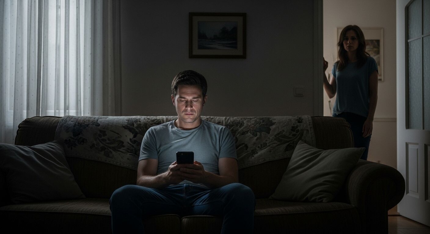 Pria duduk di sofa menggunakan smartphone sementara wanita berdiri di ambang pintu mengawasinya di ruangan yang remang-remang