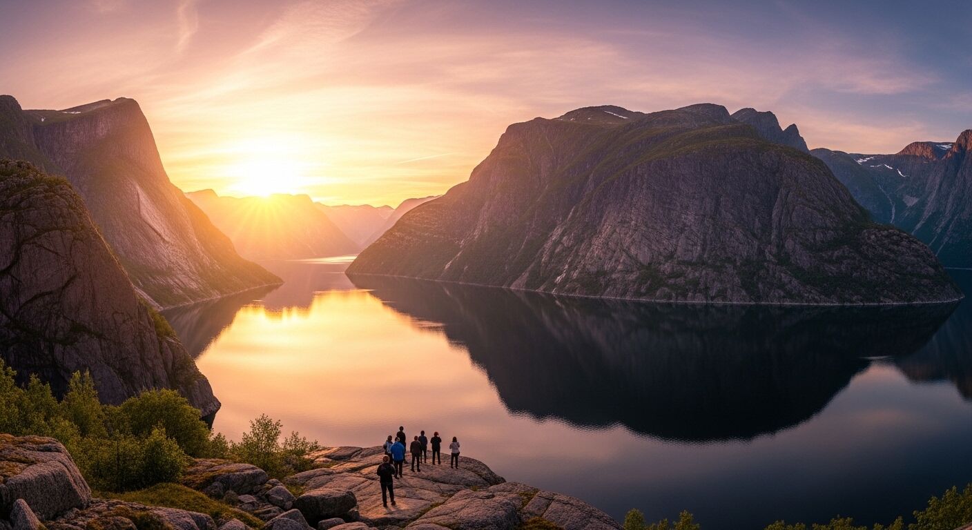 Sekelompok orang menyaksikan matahari terbenam di atas fjord yang dikelilingi pegunungan dengan air reflektif yang tenang