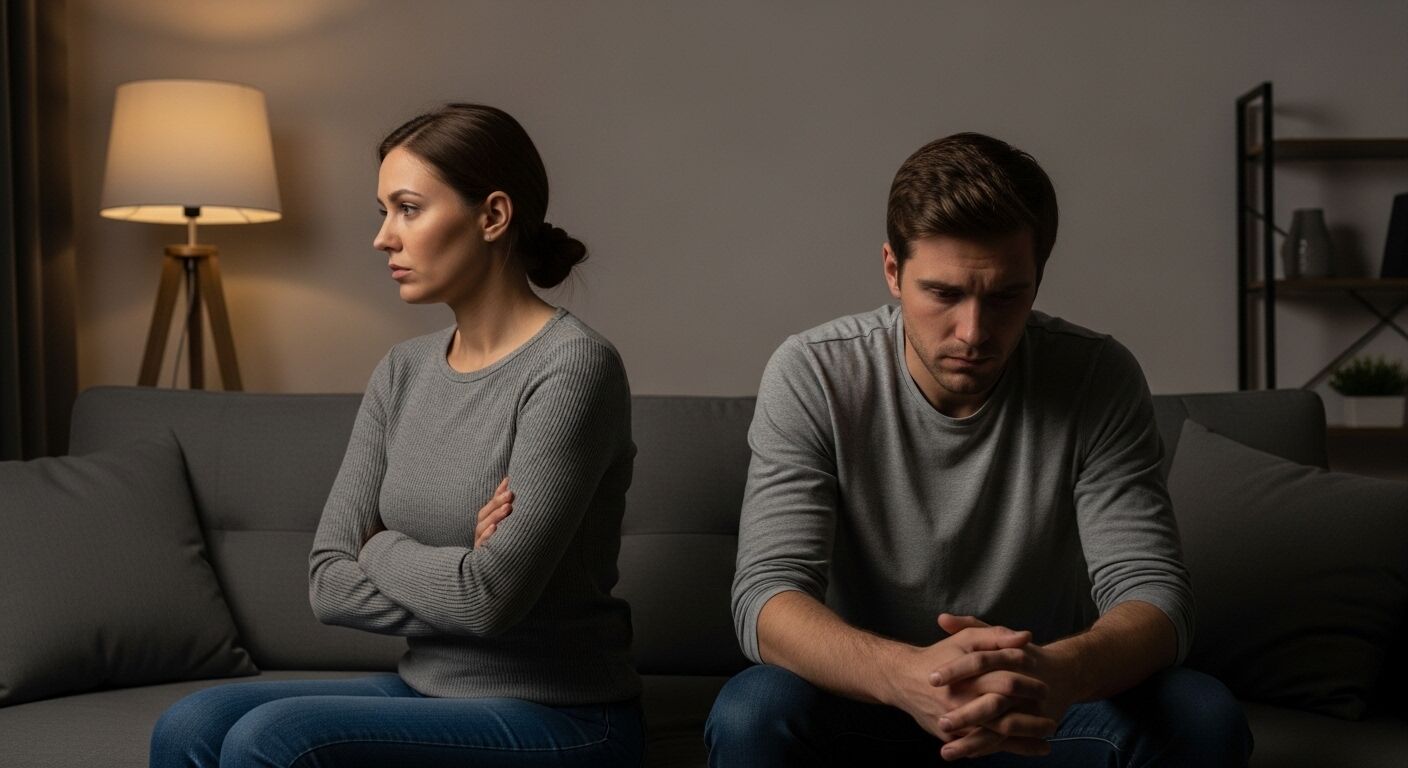 Pasangan yang duduk di sofa saling berhadapan, tampak kesal atau berkonflik.