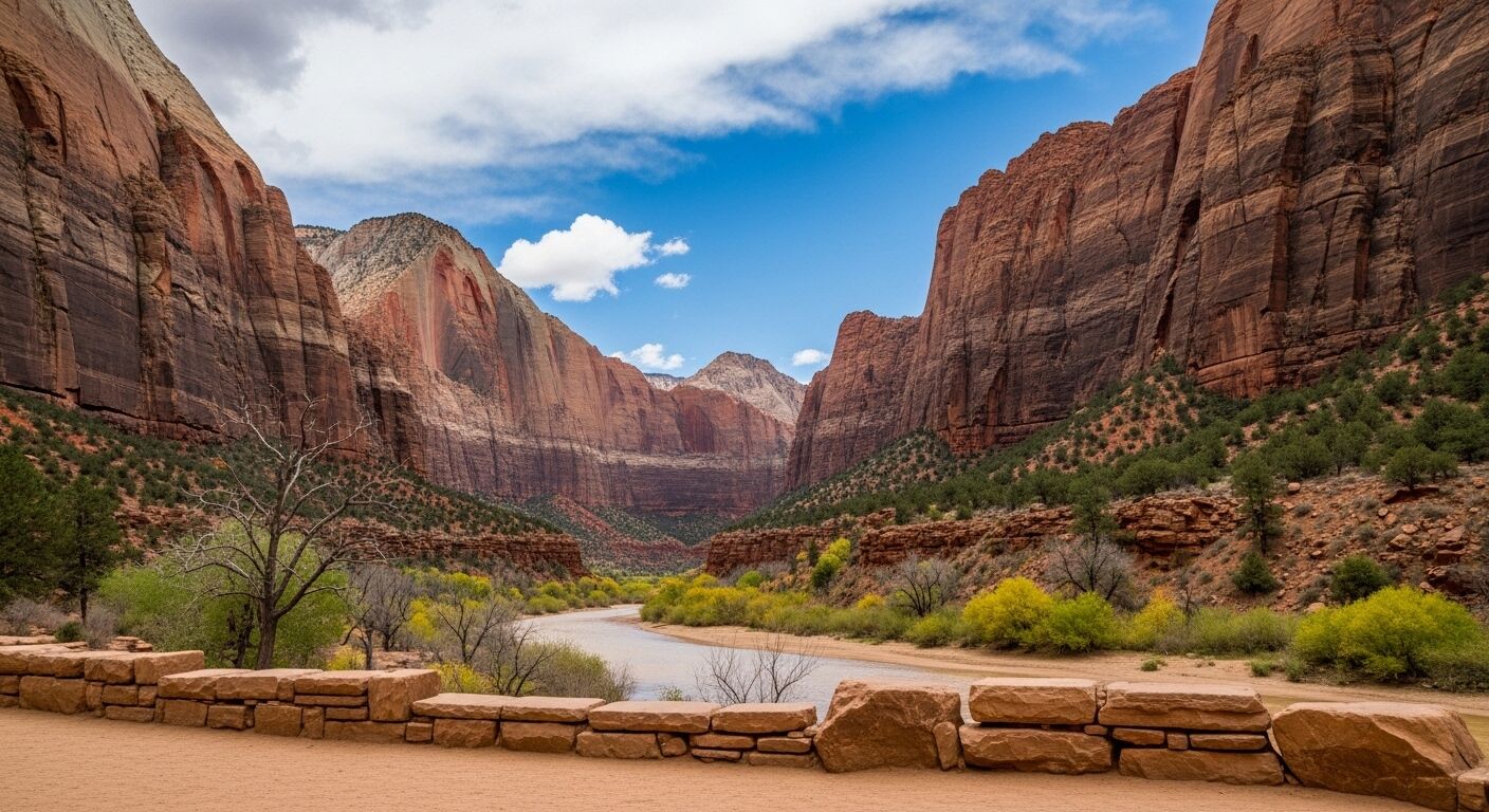 Ngarai Taman Nasional Zion dengan tebing batu merah, sungai berkelok-kelok, dan vegetasi hijau dan kuning di bawah langit biru.