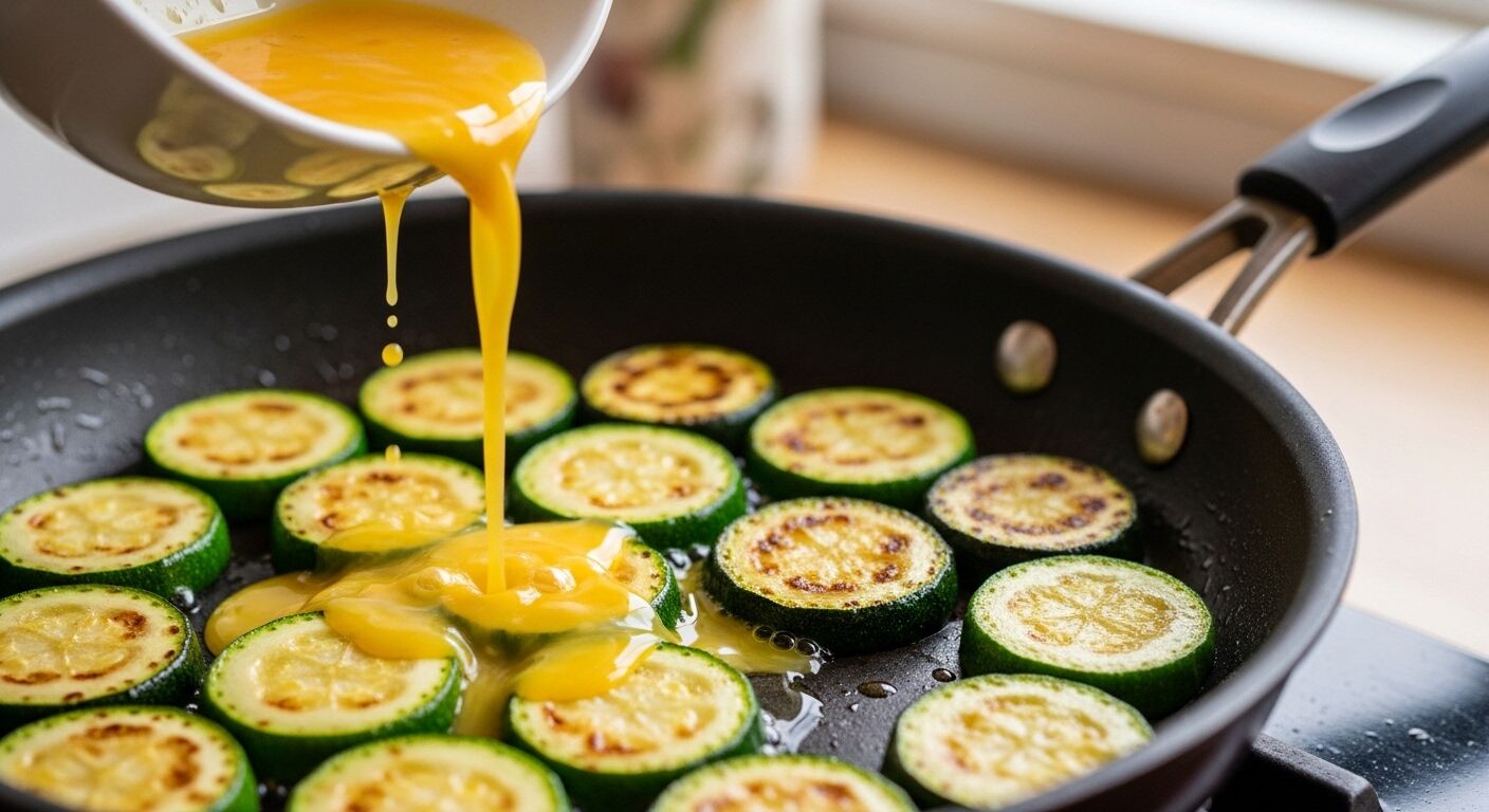Campuran telur dituangkan ke atas irisan zucchini panggang di penggorengan.
