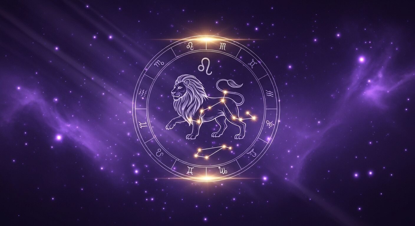 Konstelasi tanda zodiak Leo dengan ilustrasi singa dengan latar belakang kosmik berbintang ungu