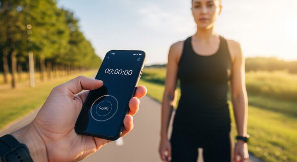 Ponsel pintar genggam dengan aplikasi stopwatch siap dimulai, wanita berbaju atletik hitam berdiri di jalur luar ruangan.