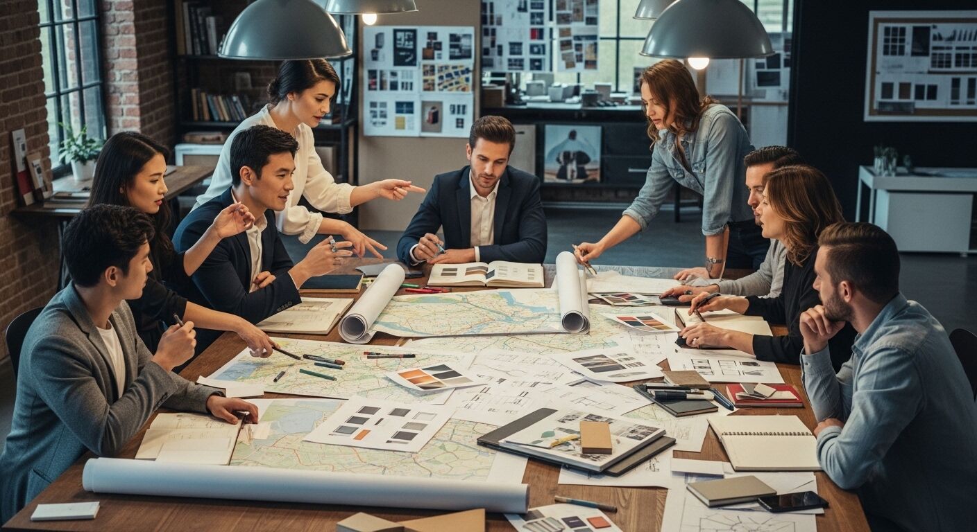 Tim arsitek dan desainer berkolaborasi dalam cetak biru dan contoh warna di kantor modern.