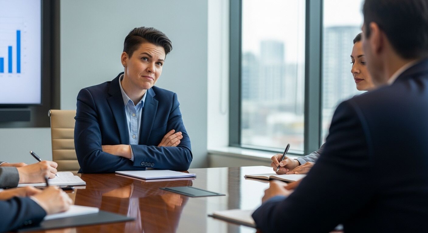 Pengusaha wanita berjas angkatan laut mendengarkan dengan tangan bersilang selama pertemuan di kantor modern dengan pemandangan kota