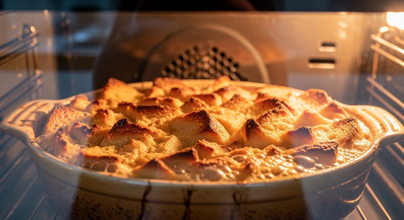 Puding roti menggelembung dan berwarna kecokelatan dalam loyang keramik di dalam oven