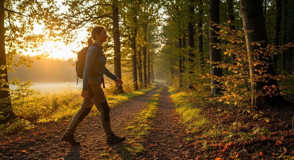 Wanita mendaki di jalur hutan saat matahari terbit mengenakan ransel dan pakaian luar ruangan