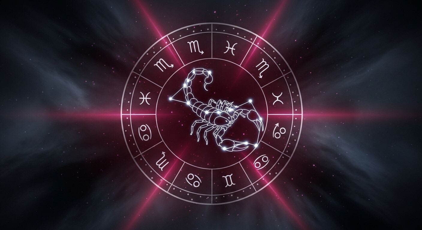 Rasi bintang zodiak Scorpio bersinar dalam roda zodiak melingkar dengan sinar cahaya merah muda dengan latar belakang berbintang gelap