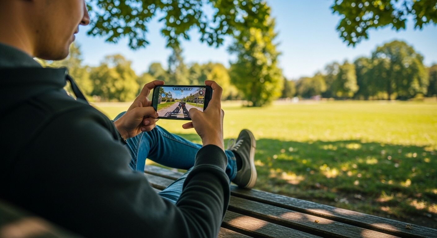 Seseorang memainkan game balap di smartphone sambil duduk di bangku taman pada hari yang cerah