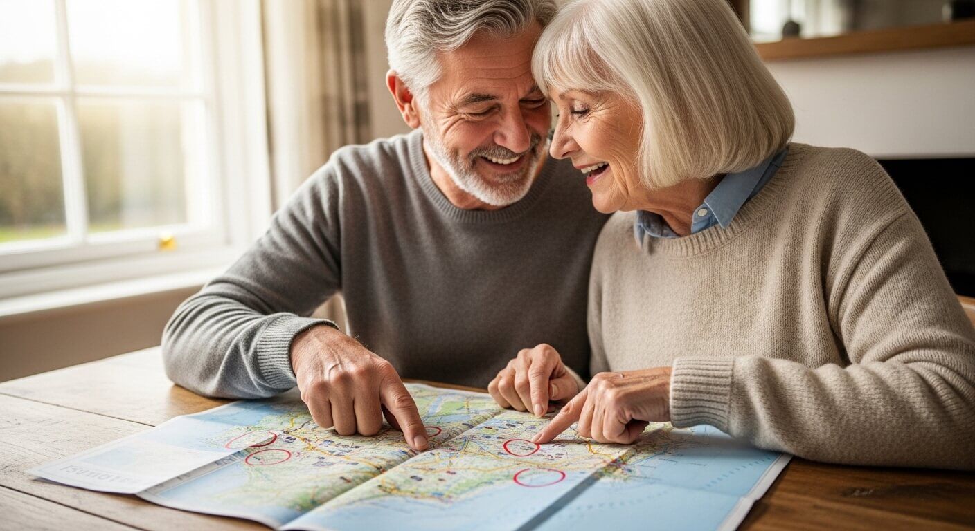 Pasangan lansia tersenyum dan menunjuk lokasi yang dilingkari pada peta sambil merencanakan perjalanan di dalam ruangan