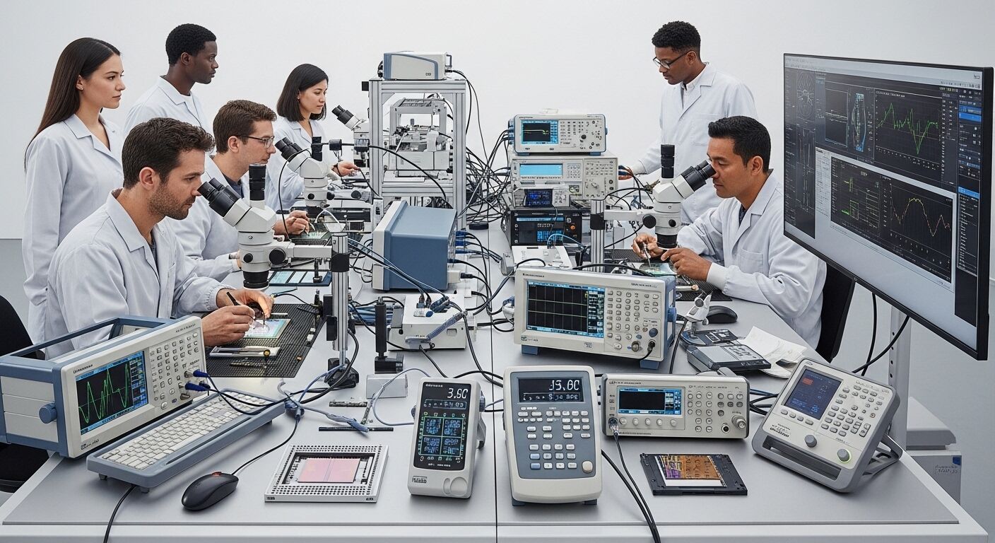 Para ilmuwan berjas laboratorium menggunakan mikroskop dan peralatan pengujian elektronik di laboratorium berteknologi tinggi.