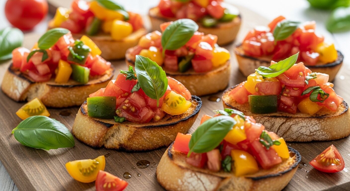 Bruschetta ditaburi tomat potong dadu, paprika kuning, daun kemangi, dan minyak zaitun di atas irisan roti panggang.