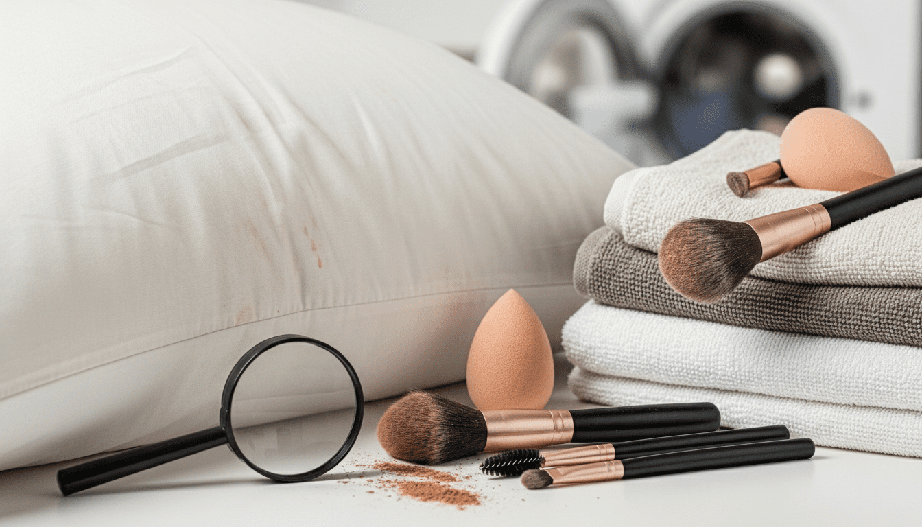 Kuas riasan, spons kecantikan, dan kaca pembesar di dekat bantal bernoda dan handuk terlipat.