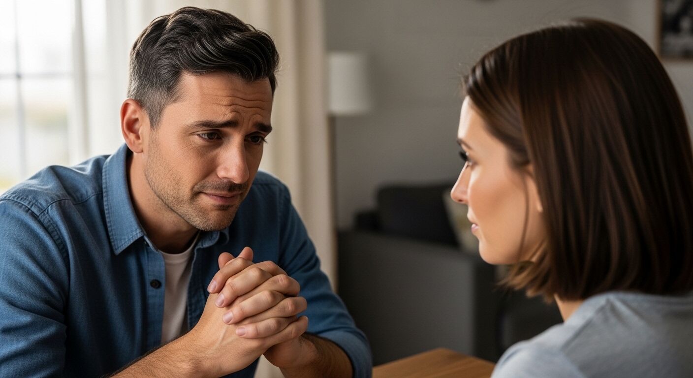 Pria berkemeja biru tampak khawatir saat berbicara dengan wanita berambut coklat di dalam ruangan