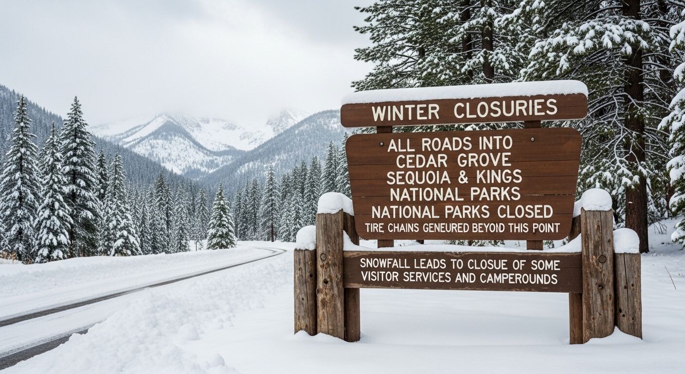 Tanda penutupan musim dingin untuk Taman Nasional Sequoia dan Kings dengan jalan tertutup salju dan pepohonan di latar belakang