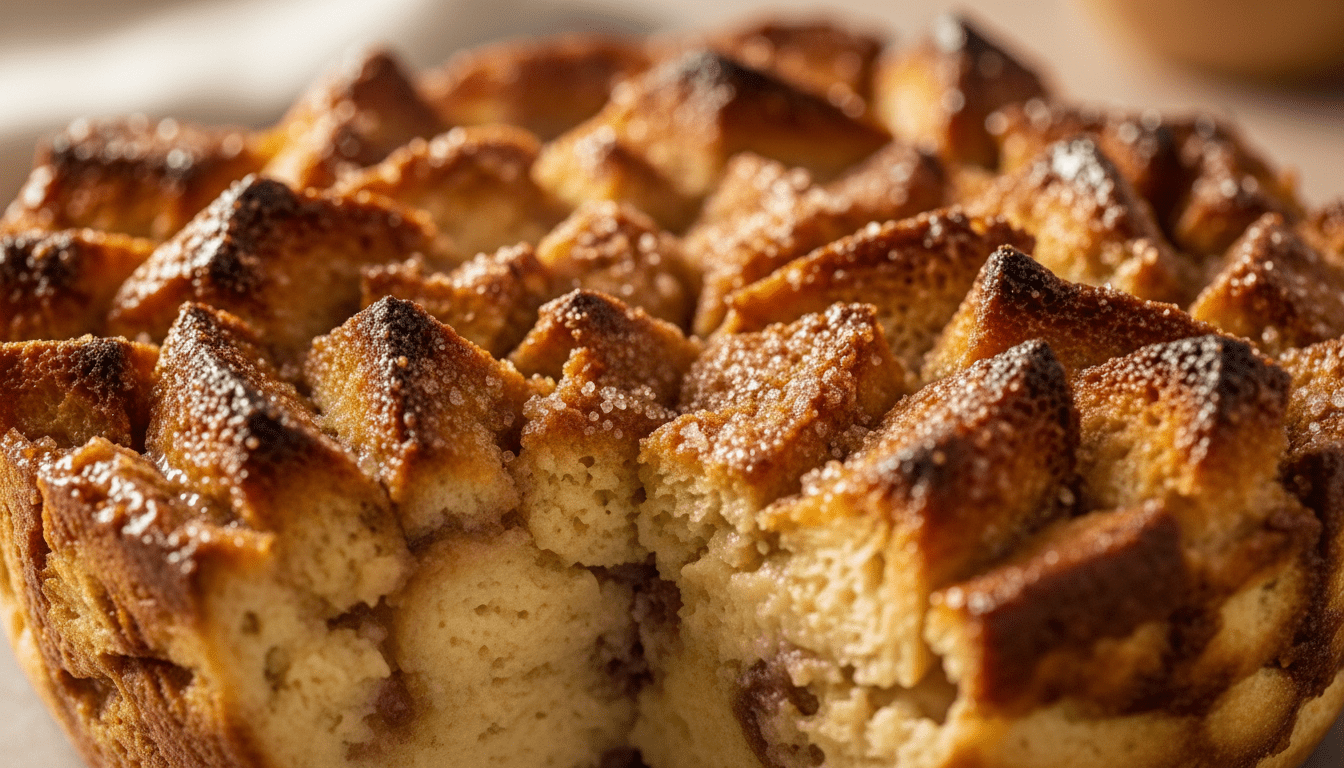 Tampilan jarak dekat dari puding roti gula kayu manis dengan potongan yang hilang menunjukkan bagian dalamnya yang lembut.
