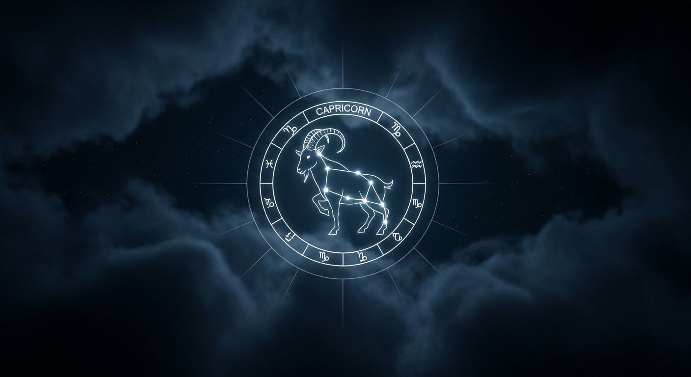 Konstelasi zodiak Capricorn bersinar dalam bagan astrologi melingkar yang dikelilingi awan gelap di malam hari