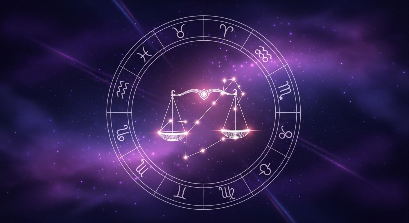 Konstelasi zodiak Libra bersinar dalam roda zodiak melingkar dengan latar belakang berbintang ungu.