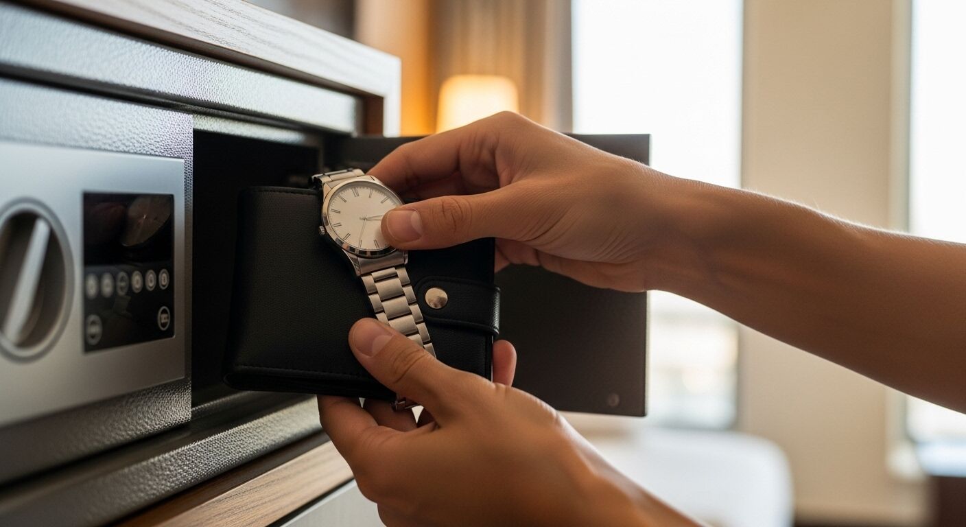 Tangan menempatkan jam tangan perak dan dompet hitam ke dalam brankas kamar hotel.