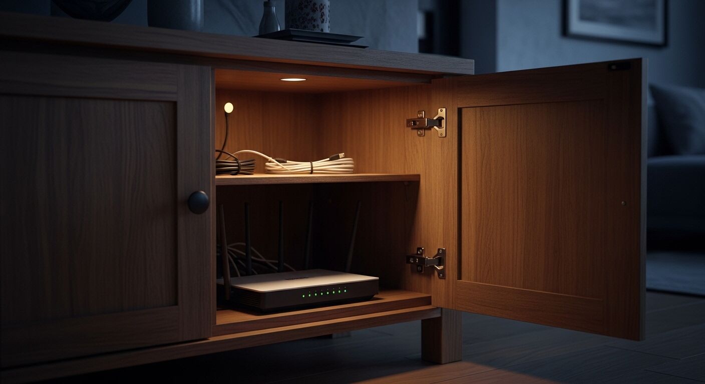 Router Wi-Fi dengan lampu indikator hijau di dalam lemari kayu dengan pintu terbuka dan kabel terorganisir.