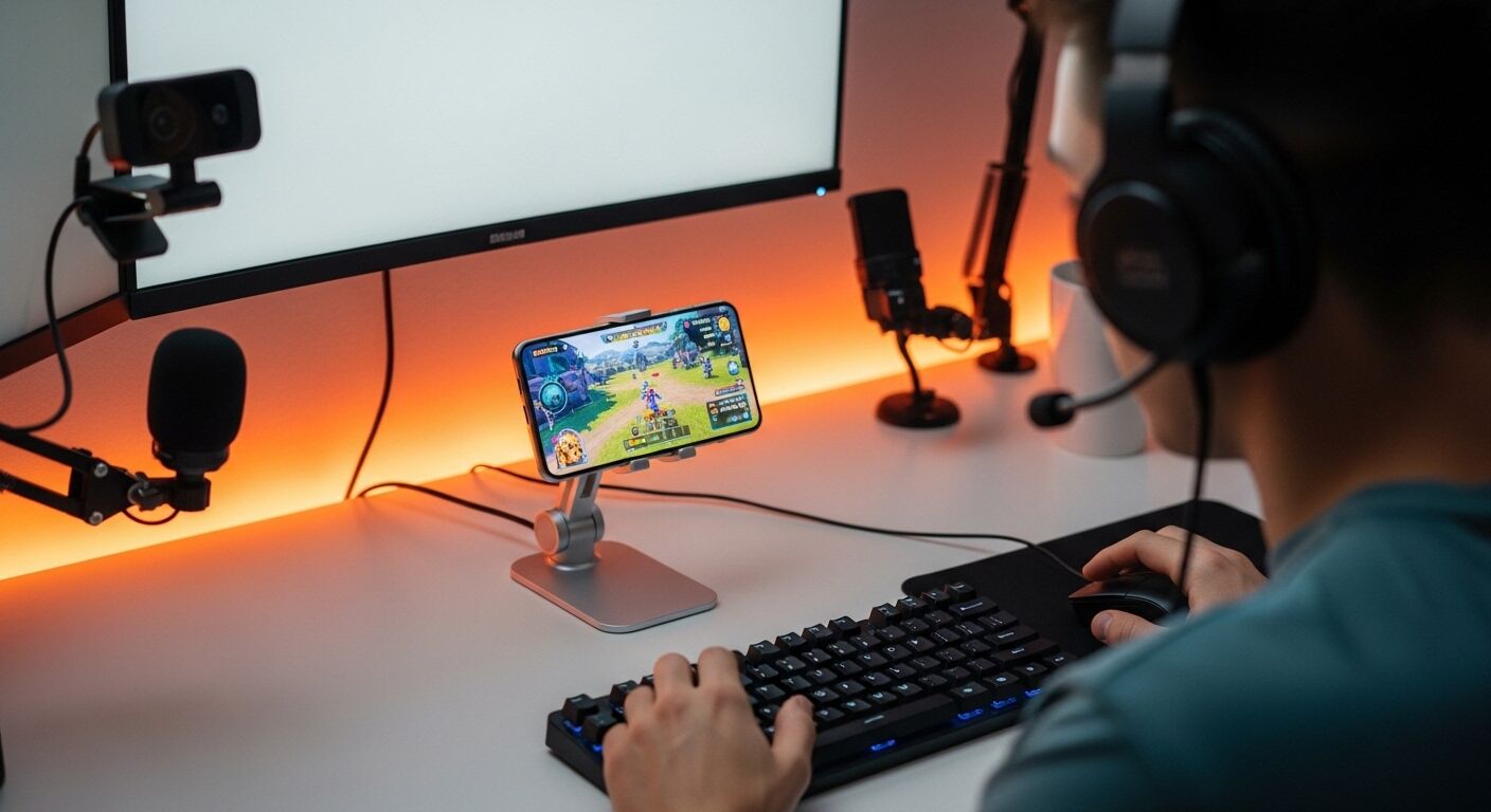 Orang yang memakai headphone memainkan game seluler di ponsel cerdas yang dipasang di meja dengan keyboard dan mikrofon.