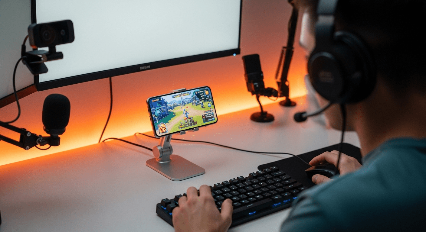 Orang yang memainkan game seluler di ponsel cerdas yang dipasang di meja dengan pengaturan keyboard, mouse, dan mikrofon streaming.