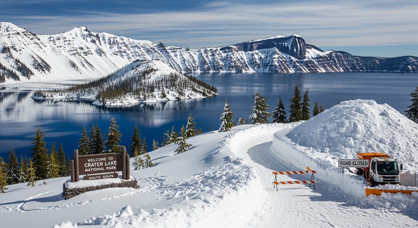 Taman Nasional Danau Kawah yang tertutup salju dengan tanda jalan ditutup dan bajak salju membersihkan salju di jalan setapak