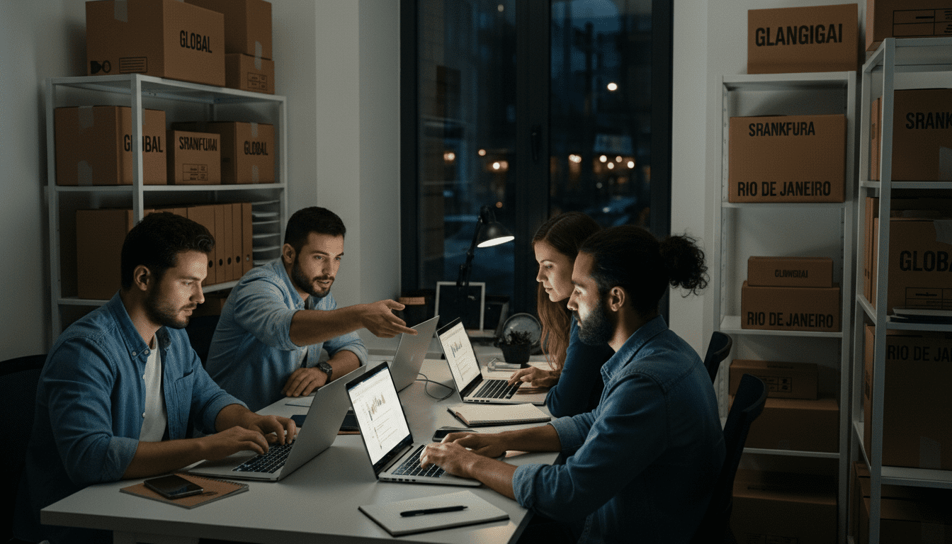 Empat profesional muda mengerjakan laptop di kantor remang-remang dengan rak-rak kotak berlabel.