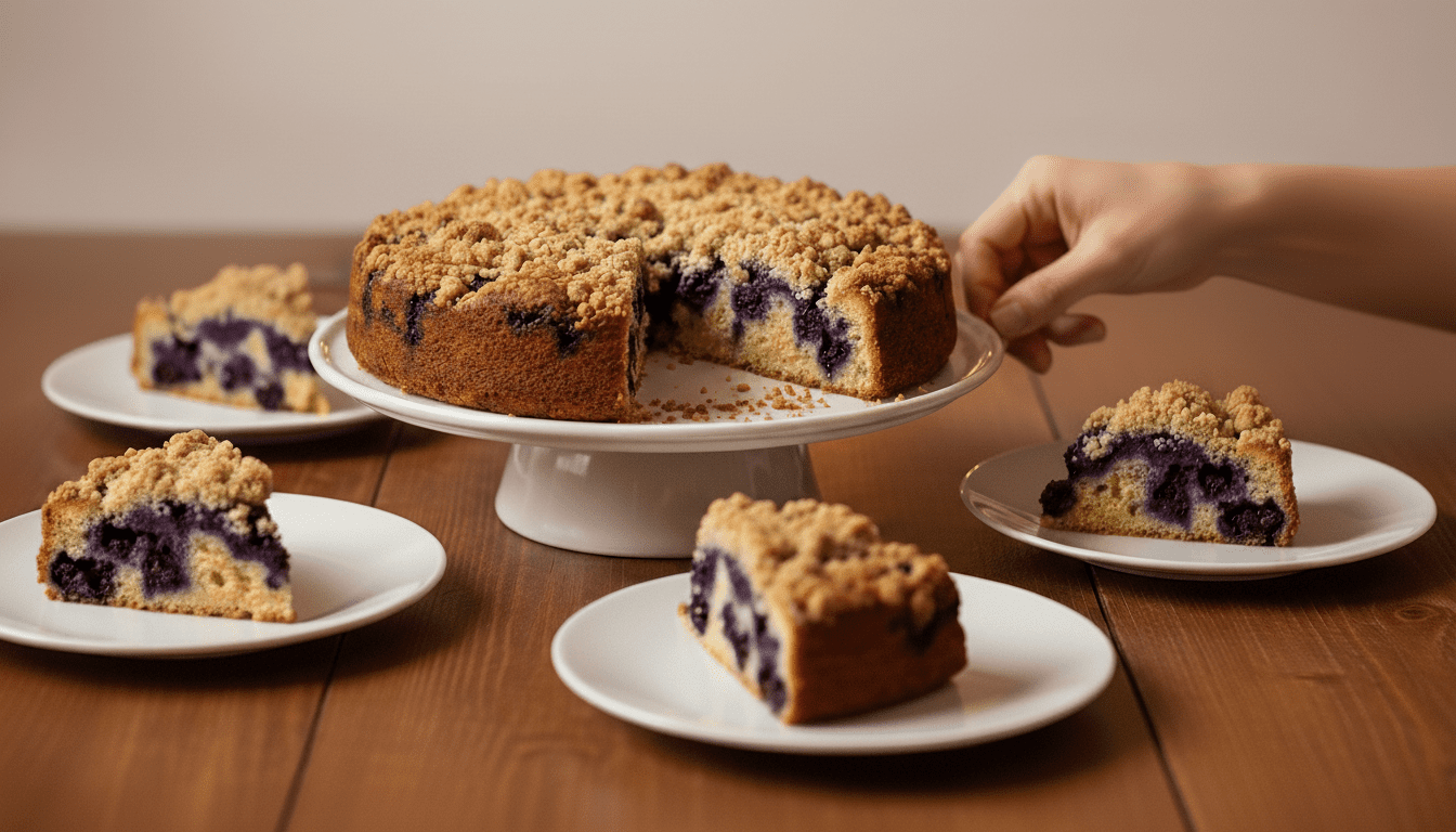 Kue remah blueberry dengan empat irisan disajikan di piring putih di atas meja kayu, dengan tangan menempatkan satu irisan.