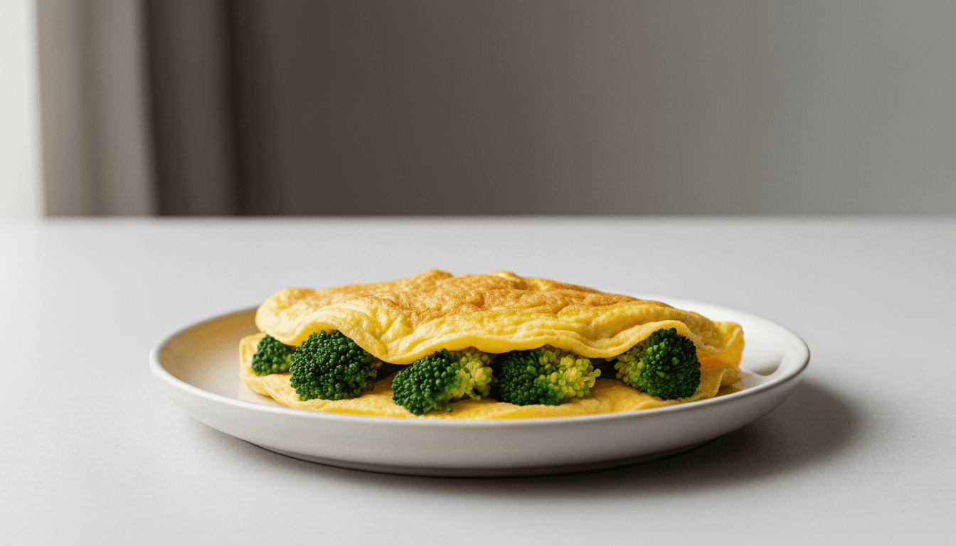 Omelet dilipat di atas brokoli kukus di piring putih.