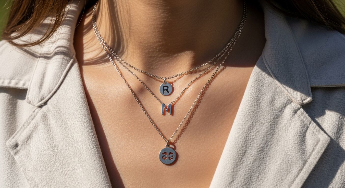 Tampilan jarak dekat dari seseorang yang mengenakan tiga kalung berlapis perak dengan liontin memperlihatkan huruf R, M, dan desain potongan.