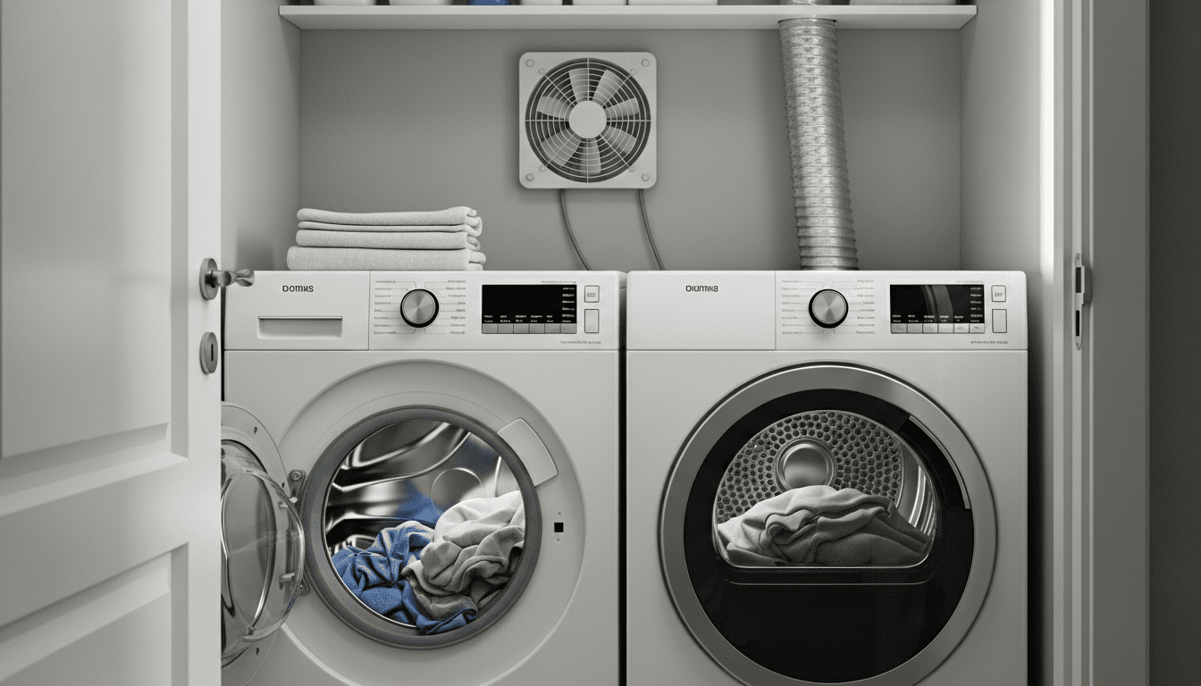 Mesin cuci dan pengering bukaan depan dengan pakaian di dalam lemari cucian modern dengan handuk terlipat di atasnya