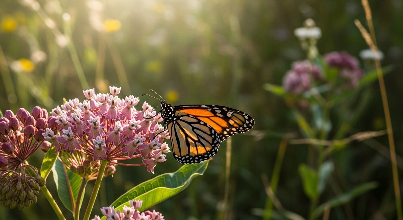 Kupu-kupu raja memakan bunga milkweed merah muda di padang rumput yang diterangi matahari.