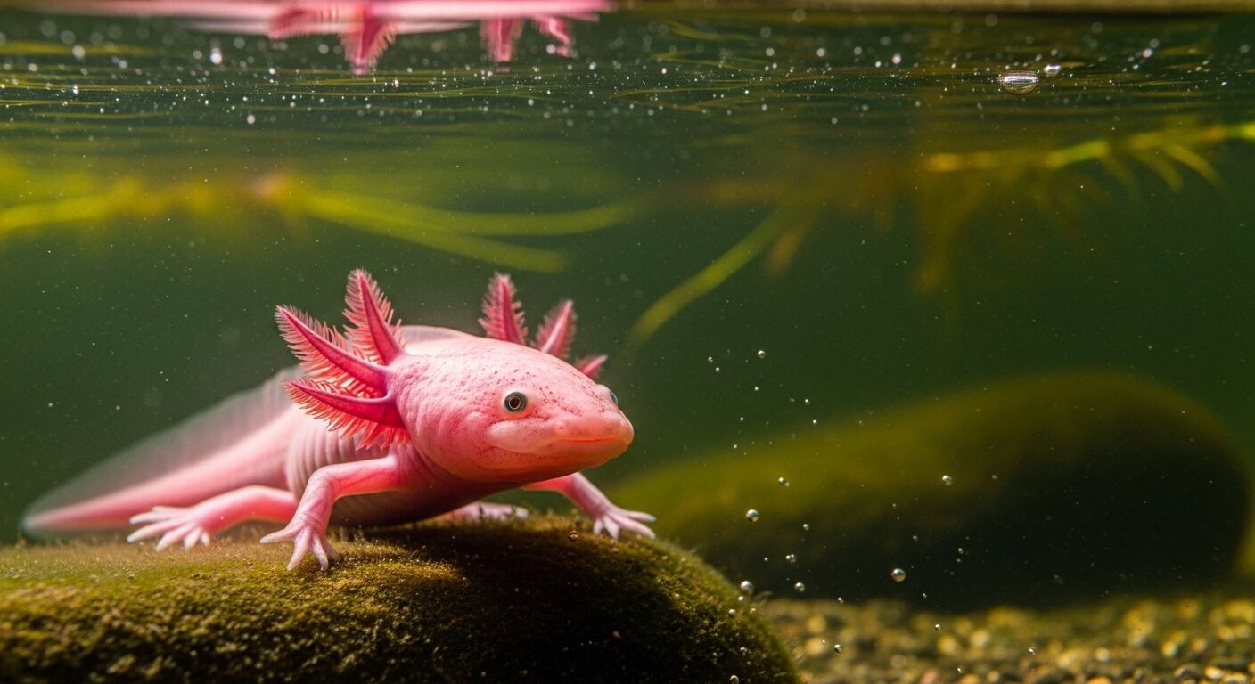 Axolotl merah muda bersandar pada batu bawah air berlumut dengan tanaman air di latar belakang.