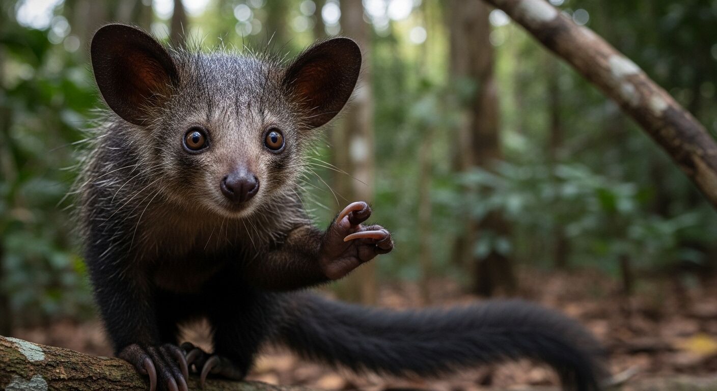 Tampilan jarak dekat dari aye-aye yang penasaran dengan telinga besar dan jari-jari panjang di lingkungan hutan