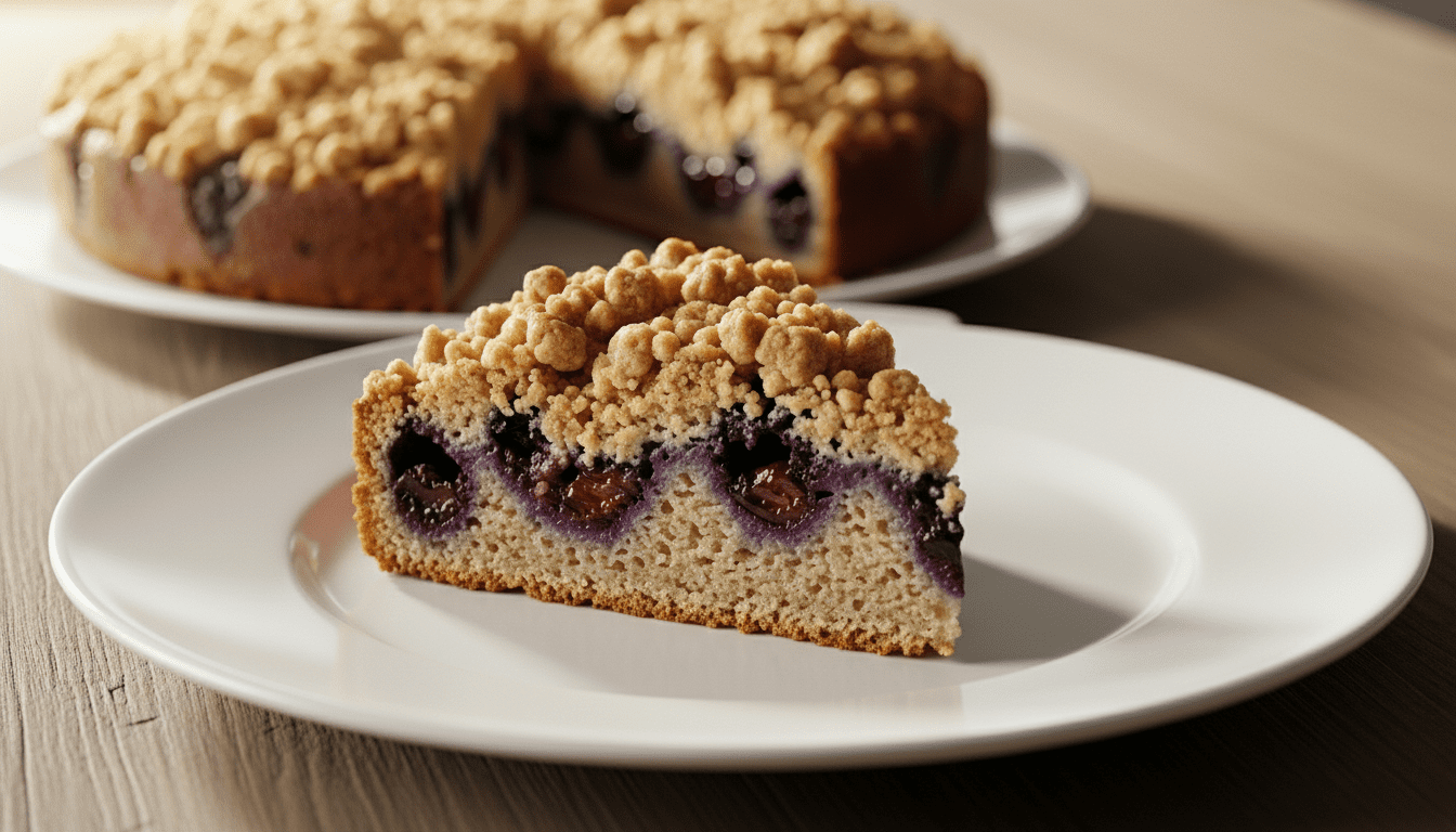 Sepotong kue kopi blueberry dengan taburan remah di piring putih dengan sisa kue di latar belakang.