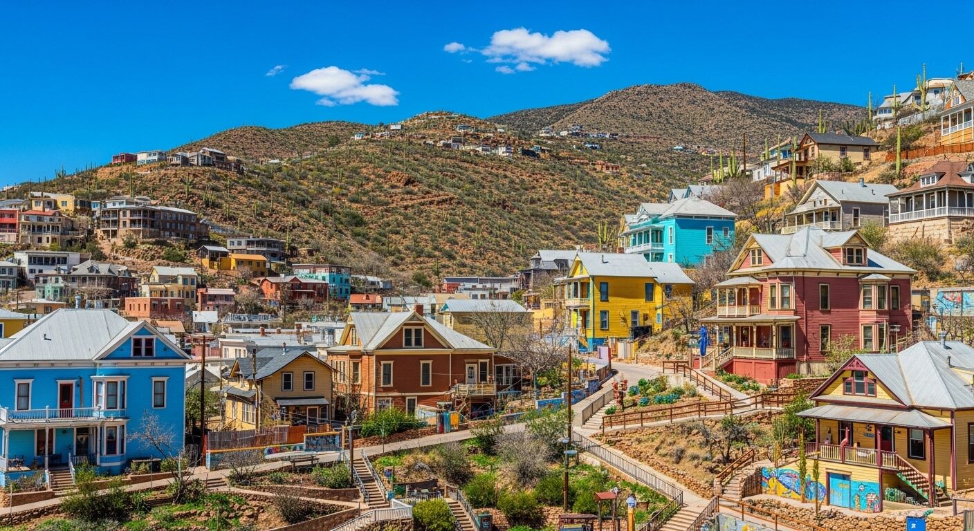 Rumah bersejarah berwarna-warni di lereng bukit di Bisbee, Arizona, dengan latar belakang pegunungan gurun di bawah langit biru.