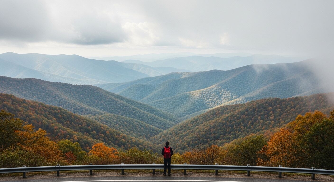 Orang dengan ransel merah menghadap pegunungan musim gugur berlapis biru dan oranye di bawah langit mendung