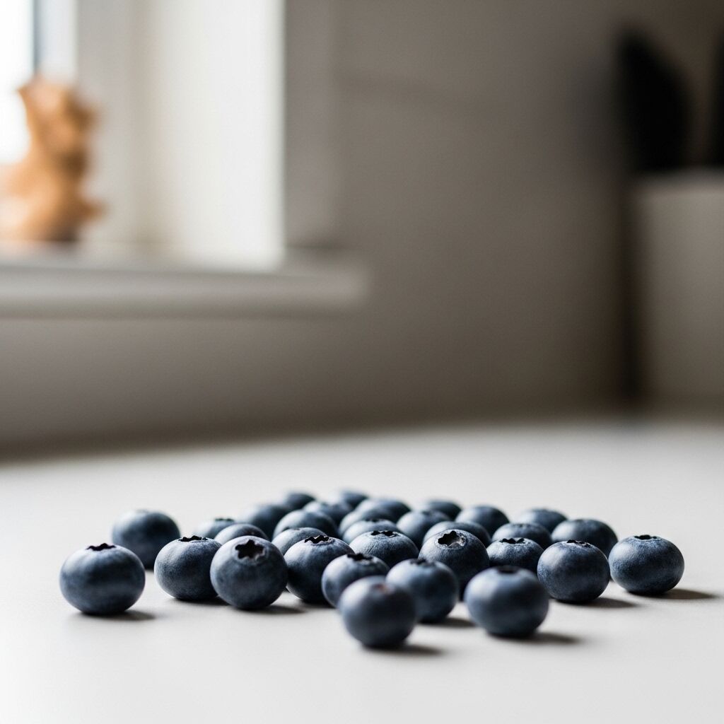 Tampilan jarak dekat dari blueberry segar tersebar di permukaan putih dengan latar belakang kabur.