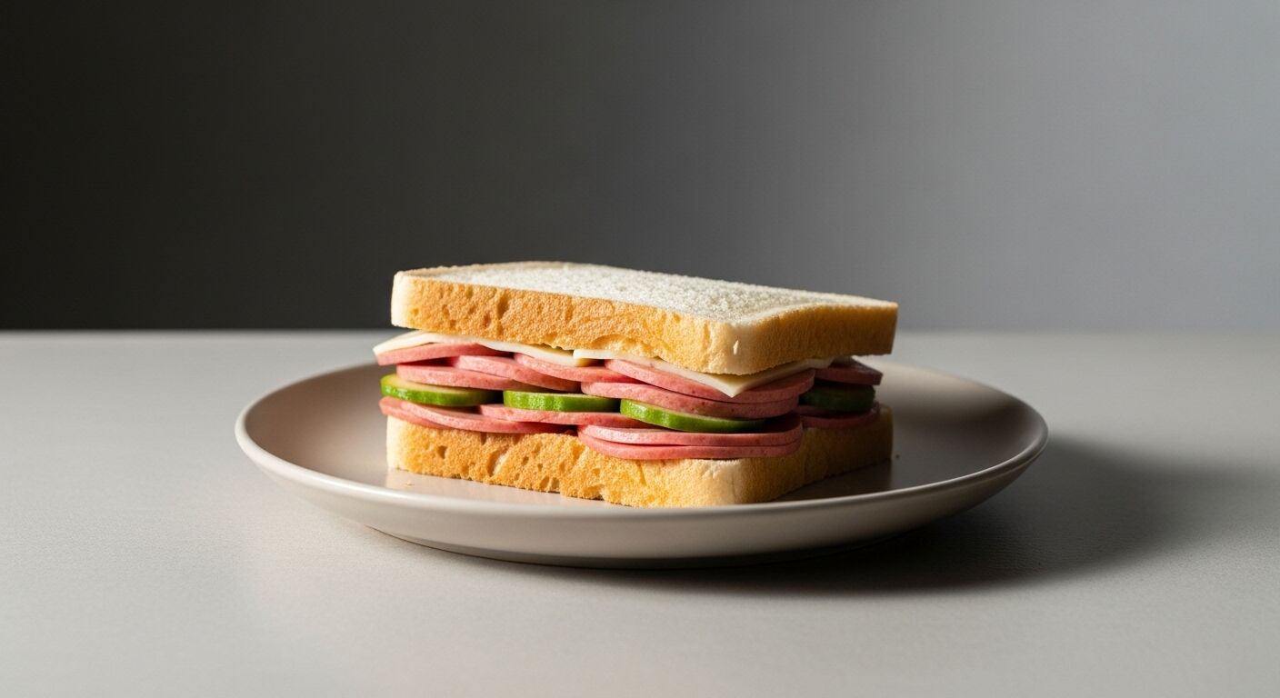 Sandwich dengan irisan bologna, mentimun, dan keju di atas roti putih di piring krem