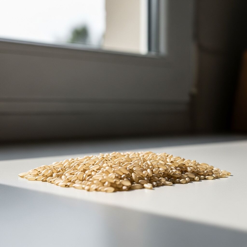 Tumpukan butiran beras merah mentah di permukaan putih dekat jendela dengan cahaya alami.