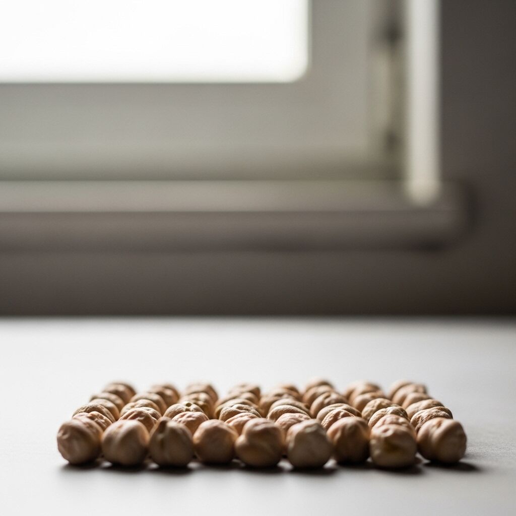 Barisan buncis kering disusun pada permukaan putih dekat ambang jendela