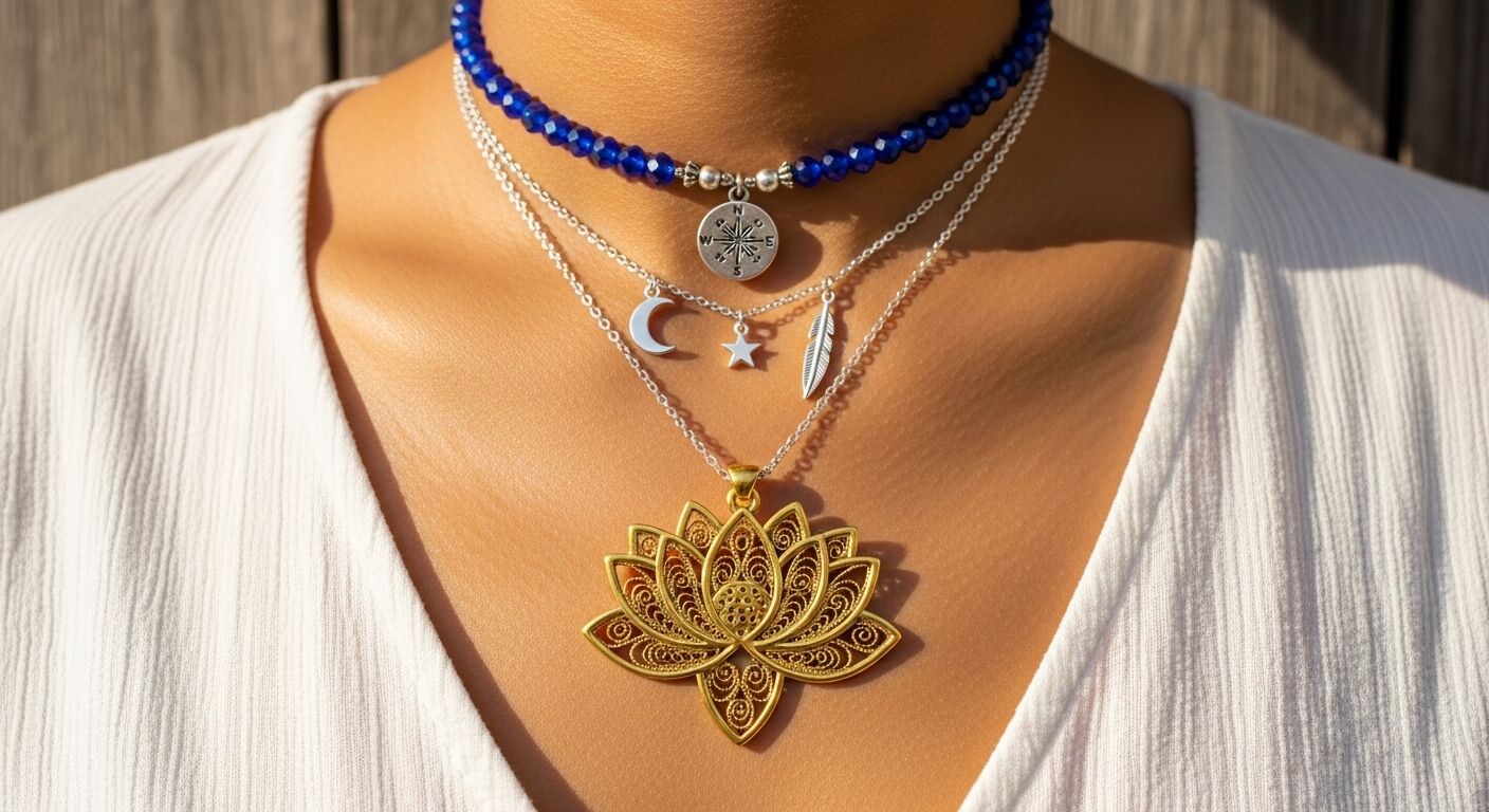 Tampilan jarak dekat dari kalung berlapis dengan manik-manik biru, kompas, bulan, bintang, bulu, dan liontin teratai emas pada seseorang yang mengenakan pakaian putih