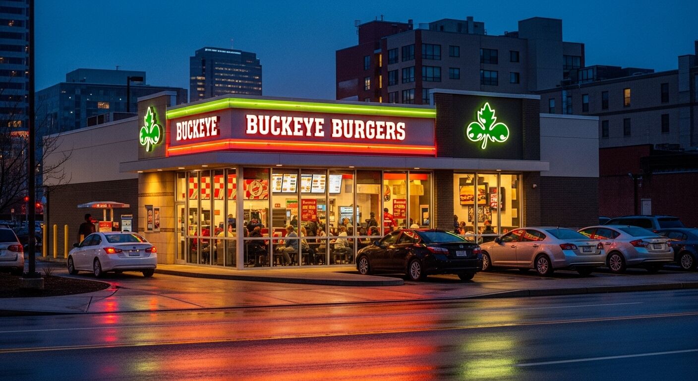 Restoran Buckeye Burgers menyala di malam hari dengan mobil yang diparkir di luar dan orang-orang di dalam yang sedang makan