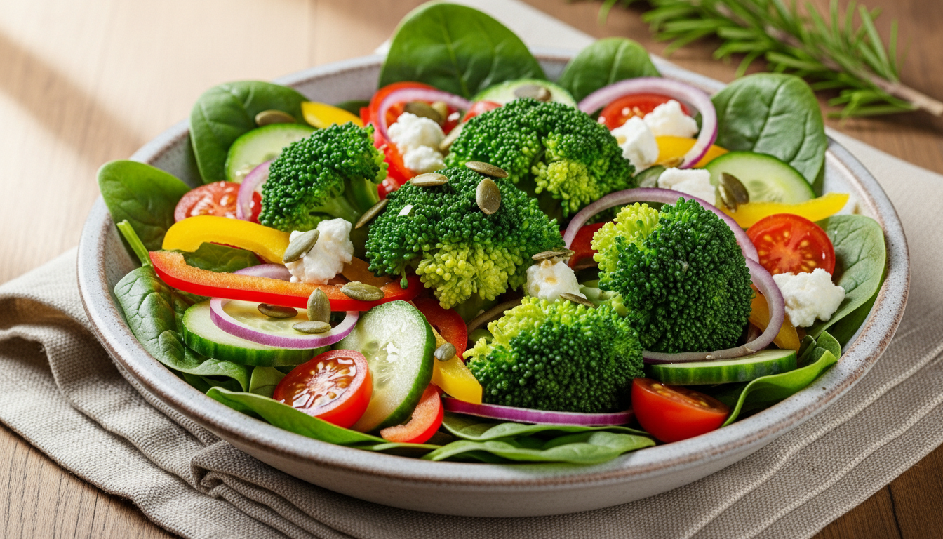 Salad bayam dengan brokoli, tomat ceri, mentimun, bawang merah, paprika, keju kambing, dan biji labu